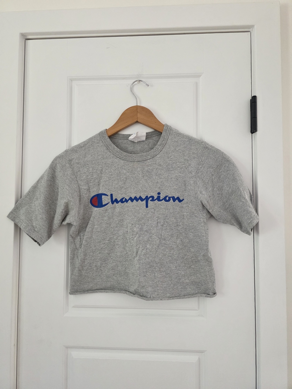 Champion Women Gray Tee with Blue Script Logo